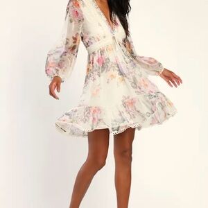 Lulus Sweetness Season Ivory Floral Print Long Sleeve Mini Dress Size small